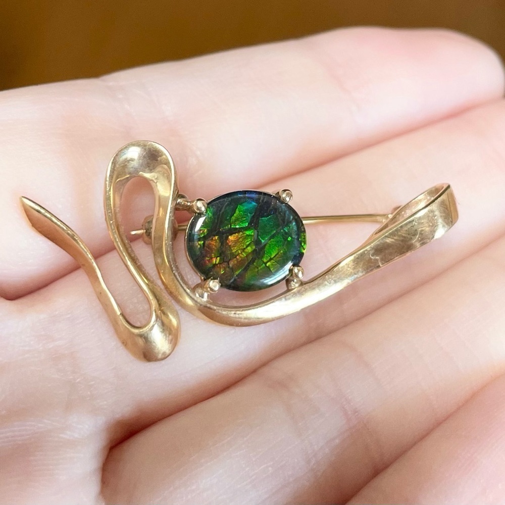 14K AA Korite Ammolite dragon skin triplet vintage yellow gold filigree …​ - Picture 3 of 11